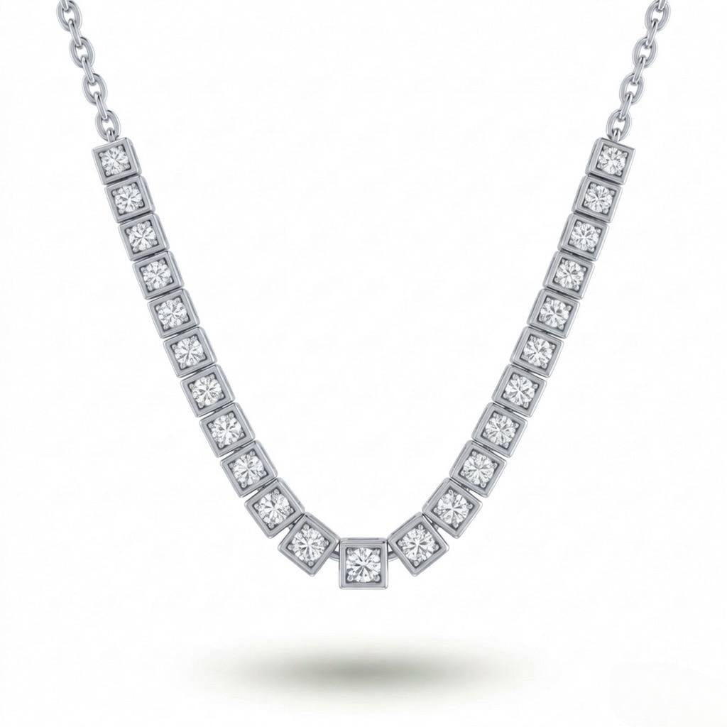 White Gold Round Brilliant Iconic Diamond Tennis Necklace With Square Bezel Setting