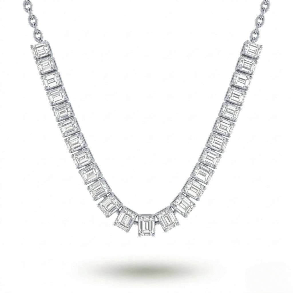 White Gold Emerald Cut Prestige Diamond Tennis Necklace With Rectangular Bezel Setting