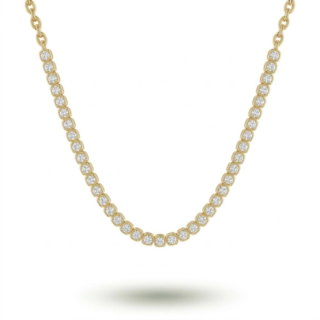 Yellow Gold Round Brilliant Timeless Diamond Tennis Necklace With Cushion Bezel Setting