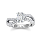 Silver Emerald Diamond Twisted Shank Engagement Ring With Four Prong Setting And Pavé Band