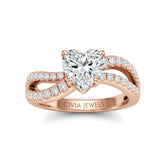 Rose Gold Heart Diamond Twisted Shank Engagement Ring With Four Prong Setting And Pavé Band