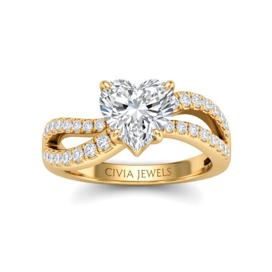 Yellow Gold Heart Diamond Twisted Shank Engagement Ring With Four Prong Setting And Pavé Band