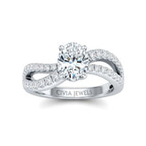 White Gold Oval Diamond Twisted Shank Engagement Ring With Four Prong Setting And Pavé Band