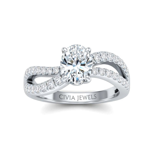 Silver Oval Diamond Twisted Shank Engagement Ring With Four Prong Setting And Pavé Band