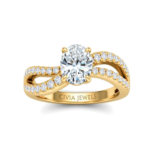 Yellow Gold Oval Diamond Twisted Shank Engagement Ring With Four Prong Setting And Pavé Band