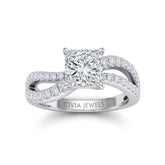 Silver Princess Diamond Twisted Shank Engagement Ring With Four Prong Setting And Pavé Band