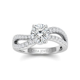 Silver Round Diamond Twisted Shank Engagement Ring With Four Prong Setting And Pavé Band