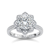 White Gold Cushion Diamond Vintage Halo Engagement Ring With Four Prong Setting And Pavé Band