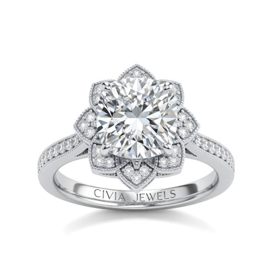 Silver Cushion Diamond Vintage Halo Engagement Ring With Four Prong Setting And Pavé Band