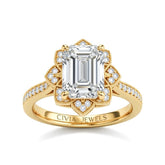 Yellow Gold Emerald Diamond Vintage Halo Engagement Ring With Four Prong Setting And Pavé Band
