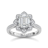 White Gold Emerald Diamond Vintage Halo Engagement Ring With Four Prong Setting And Pavé Band