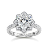 White Gold Heart Diamond Vintage Halo Engagement Ring With Four Prong Setting And Pavé Band