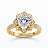 Yellow Gold Heart Diamond Vintage Halo Engagement Ring With Four Prong Setting And Pavé Band