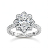 Silver Pear Diamond Vintage Halo Engagement Ring With Four Prong Setting And Pavé Band