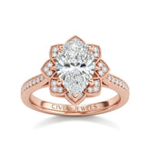 Rose Gold Pear Diamond Vintage Halo Engagement Ring With Four Prong Setting And Pavé Band