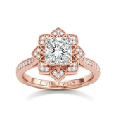 Rose Gold Princess Diamond Vintage Halo Engagement Ring With Four Prong Setting And Pavé Band