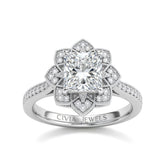 White Gold Princess Diamond Vintage Halo Engagement Ring With Four Prong Setting And Pavé Band