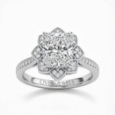 Silver Radiant Diamond Vintage Halo Engagement Ring With Four Prong Setting And Pavé Band