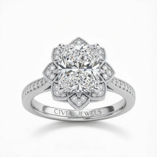 Silver Radiant Diamond Vintage Halo Engagement Ring With Four Prong Setting And Pavé Band