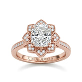 Rose Gold Radiant Diamond Vintage Halo Engagement Ring With Four Prong Setting And Pavé Band