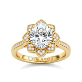 Yellow Gold Round Diamond Vintage Halo Engagement Ring With Four Prong Setting And Pavé Band