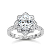 White Gold Round Diamond Vintage Halo Engagement Ring With Four Prong Setting And Pavé Band