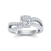 Silver Cushion Diamond Twisted Shank Engagement Ring With Four Prong Setting And Pavé Side Bands