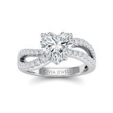 Silver Heart Diamond Twisted Shank Engagement Ring With Four Prong Setting And Pavé Side Bands