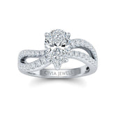 Silver Pear Diamond Twisted Shank Engagement Ring With Four Prong Setting And Pavé Side Bands