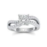 Silver Princess Diamond Twisted Shank Engagement Ring With Four Prong Setting And Pavé Side Bands