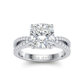 Silver Cushion Cut Elevated Solitaire With Diamond Pavé Twisted Split Shank Engagement Ring