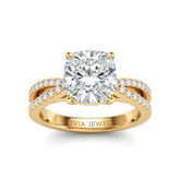 Yellow Gold Cushion Cut Elevated Solitaire With Diamond Pavé Twisted Split Shank Engagement Ring