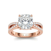 Rose Gold Cushion Cut Elevated Solitaire With Diamond Pavé Twisted Split Shank Engagement Ring