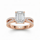Rose Gold Emerald Cut Elevated Solitaire With Diamond Pavé Twisted Split Shank Engagement Ring