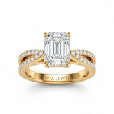 Yellow Gold Emerald Cut Elevated Solitaire With Diamond Pavé Twisted Split Shank Engagement Ring