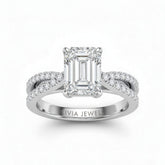 Silver Emerald Cut Elevated Solitaire With Diamond Pavé Twisted Split Shank Engagement Ring