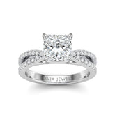 Silver Princess Cut Elevated Solitaire With Diamond Pavé Twisted Split Shank Engagement Ring
