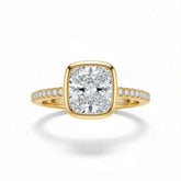Yellow Gold Cushion Cut Bezel Set Solitaire With Diamond Pavé Classic Band Engagement Ring