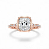 Rose Gold Cushion Cut Bezel Set Solitaire With Diamond Pavé Classic Band Engagement Ring