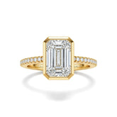 Yellow Gold Emerald Cut Bezel Set Solitaire With Diamond Pavé Classic Band Engagement Ring