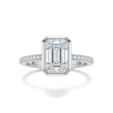 White Gold Emerald Cut Bezel Set Solitaire With Diamond Pavé Classic Band Engagement Ring