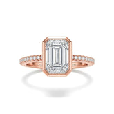 Rose Gold Emerald Cut Bezel Set Solitaire With Diamond Pavé Classic Band Engagement Ring