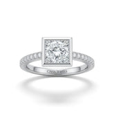 Silver Princess Cut Bezel Set Solitaire With Diamond Pavé Classic Band Engagement Ring