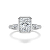 Silver Radiant Cut Bezel Set Solitaire With Diamond Pavé Classic Band Engagement Ring