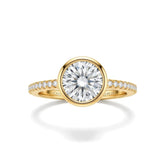 Yellow Gold Round Cut Bezel Set Solitaire With Diamond Pavé Classic Band Engagement Ring