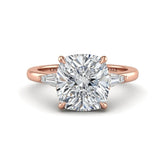 Rose Gold Cushion Cut Three Stone Engagement Ring With Tapered Baguette Side Diamonds And Classic Four Prong Setting