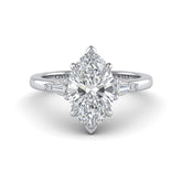 Silver Marquise Cut Three Stone Engagement Ring With Tapered Baguette Side Diamonds And Classic Four Prong Setting