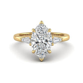 Yellow Gold Marquise Cut Three Stone Engagement Ring With Tapered Baguette Side Diamonds And Classic Four Prong Setting