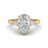 Yellow Gold Pear Cut Three Stone Engagement Ring With Tapered Baguette Side Diamonds And Classic Four Prong Setting