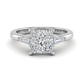 White Gold Princess Cut Three Stone Engagement Ring With Tapered Baguette Side Diamonds And Classic Four Prong Setting